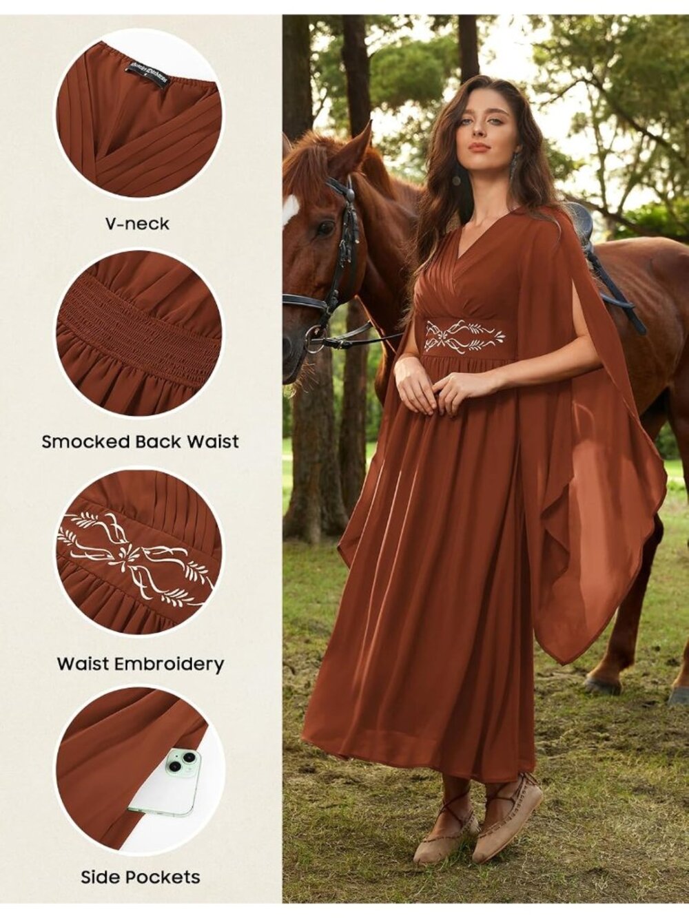Women's Pumpkin Orange Bell Sleeve Wrap V Neck Medieval Imported Costume Dress - Picture 5 of 6